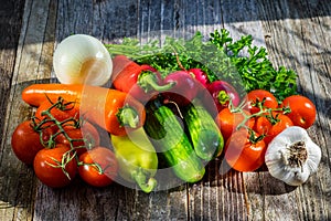 Fresh Vegetables and Herbs on a Table