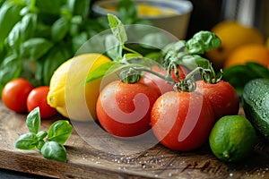 Fresh vegetables and herbs on wooden table