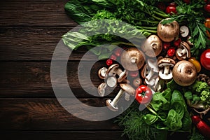 fresh vegetables, including mushrooms and tomatoes, on a dark background.