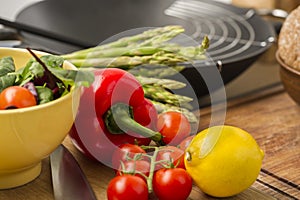 Fresh vegetables and ingredients in a kitchen