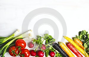 Fresh vegetables ingredients white background, vegetarian food and diet nutrition concept