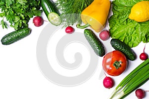 Fresh vegetables isolated on white background with copy space.