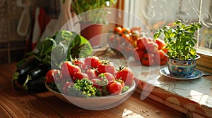 Fresh vegetables on kitchen table. Natural light photography with plants and tomatoes