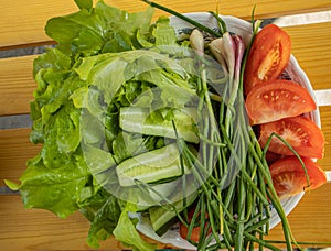 Fresh vegetables - lettuce, green onion, tomatoes and cucumbers on a white plate on a wooden background. The concept of