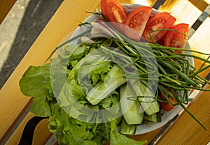 Fresh vegetables - lettuce, green onion, tomatoes and cucumbers on a white plate on a wooden background. The concept of