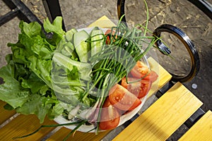 Fresh vegetables - lettuce, spring onions, tomatoes and cucumbers on a white plate on a wooden vintage bench in the