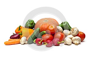 Fresh vegetables and mushrooms on a white background