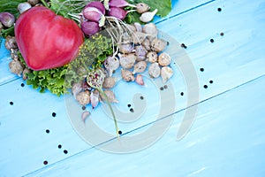 Fresh vegetables on natural wooden blue background. Russian traditional vegetables.