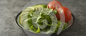 Fresh vegetables in a plate - salad mix, tomatoes and zuchinni. Healthy food concept, lose weight. Banner