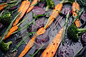 Fresh vegetables for roasting on rustic dark background