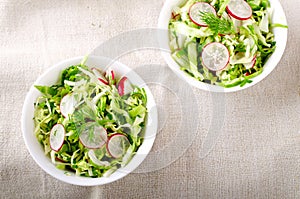 Fresh vegetables salad with cabbage, radishes. dill and greens