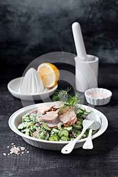 Fresh vegetables salad with canned cod liver