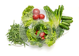 Fresh vegetables for salad, cucumbers, red tomatoes, arugula, green basil