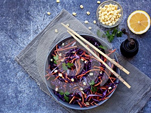 Fresh vegetables salad with purple cabbage, carrot, sprouted mung, parsley on grey clay plate on dark background. Cole Slaw Salad