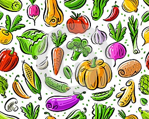 Fresh vegetables seamless pattern. Vegetarian healthy farm organic food background. Color vector illustration