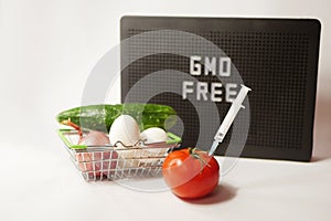 GMO free food. Organic products. Syringe in tomato