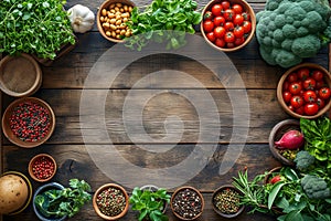 Fresh vegetables, spices and herbs assortment on a wooden table, top view, copy space