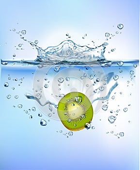 Fresh vegetables splashing into blue clear water splash healthy food diet freshness concept isolated white background.