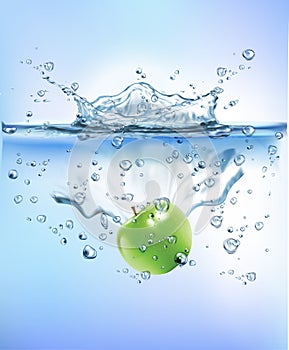 Fresh vegetables splashing into blue clear water splash healthy food diet freshness concept isolated white background.