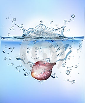 Fresh vegetables splashing into blue clear water splash healthy food diet freshness concept isolated white background.