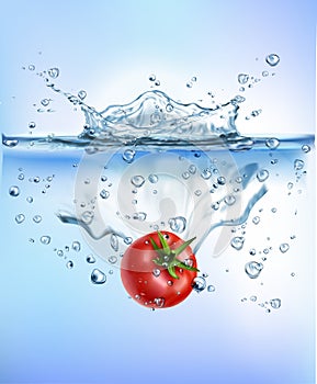 Fresh vegetables splashing into blue clear water splash healthy food diet freshness concept isolated white background.