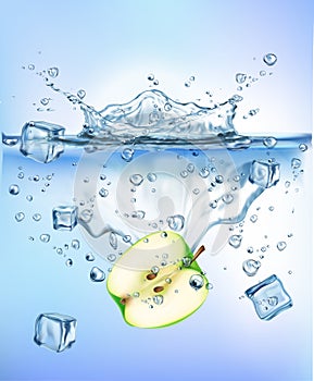 Fresh vegetables splashing ice into blue clear water splash healthy food diet freshness concept isolated white background.