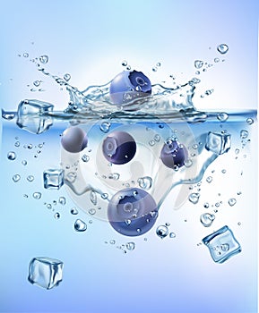 Fresh vegetables splashing ice into blue clear water splash healthy food diet freshness concept isolated white background.