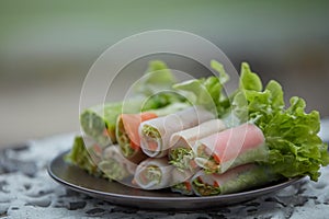 Fresh vegetables spring rolls salad on a plate