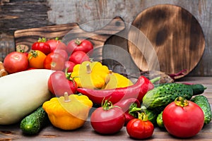 Fresh vegetables - squash, cucumbers, tomatoes, zucchini, peppers