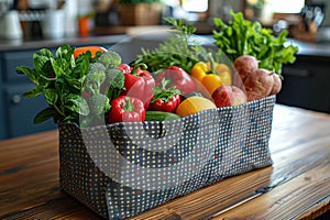 Fresh vegetables in a trendy basket on table