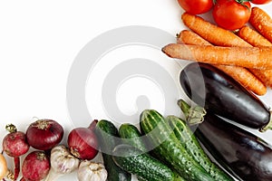 Fresh vegetables on white background, . Flat lay with free space for text