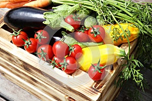 fresh vegetables in a wooden box, close-up