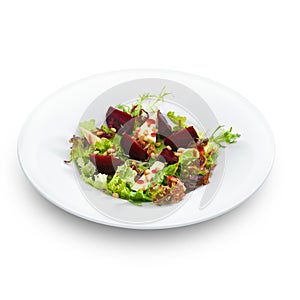 Fresh vegetarian gourmet salad with baked beetroot and cheese