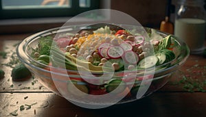 Fresh vegetarian salad bowl with organic radish, cucumber, and tomato generated by AI