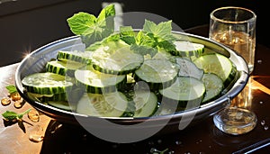 Fresh vegetarian salad with organic cucumber, tomato, and green leaf generated by AI