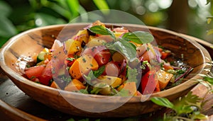 Fresh vegetarian salad on wooden plate, healthy and delicious