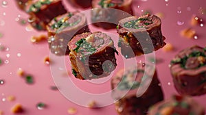 Fresh Veggie Sushi Rolls with Chopped Scallions and Sesame Seeds on a Vibrant Pink Background with Falling Drops