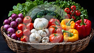 Fresh veggies, round basket display.