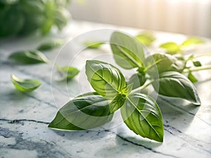Vibrant Basil Leaves on a Marble Surface