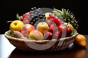 Fresh, vibrant fruits tastefully displayed in a pretty, decorative basket