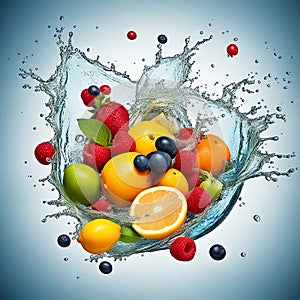 Fresh and Vibrant: Fruits and Vegetables Splash into Clear Blue Water - A Concept of Healthy Food, Diet, and Freshness