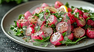 Fresh Radish Salad with Green Leaves and Pepper photo