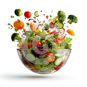 Vibrant Exploding Salad Bowl with Dynamic Flying Vegetables