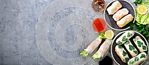 Fresh Vietnamese, Asian, Chinese food frame on grey concrete background. Spring rolls rice paper, lettuce, salad