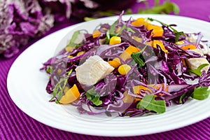 Fresh vitamin fitness salad of red cabbage, bell peppers, corn, arugula. Vegan diets.