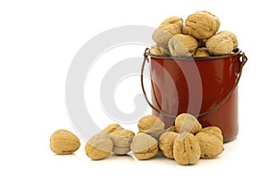 Fresh walnuts in an enamel cooking pot