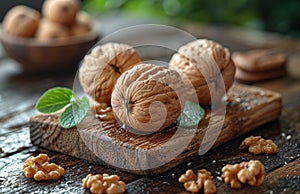 Fresh Walnuts and Walnut Kernels on a Wooden Cutting Board