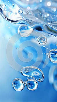 Fresh water droplets and air bubbles in close-up against a pristine blue backdrop