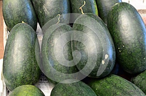 Fresh water melon fruit symmetrically to attract buyers at market stall photo