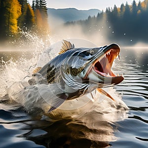 Fresh water pike fish jumping out of the lake. Fishing concept. Predatory fish on a lake or river